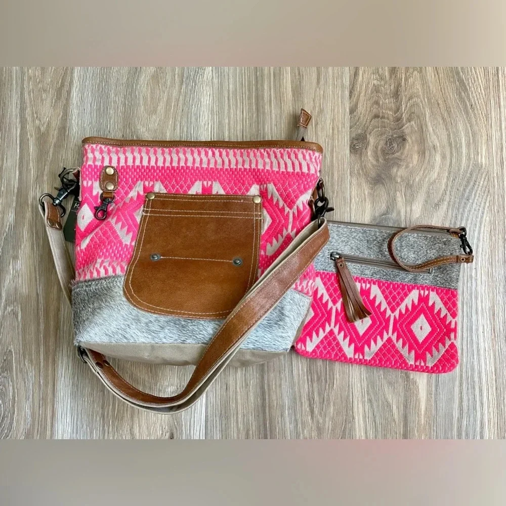 NWT Myra Bag Hot Pink Aztec Cowhide Shoulder Bag Purse w/ matching pouch.